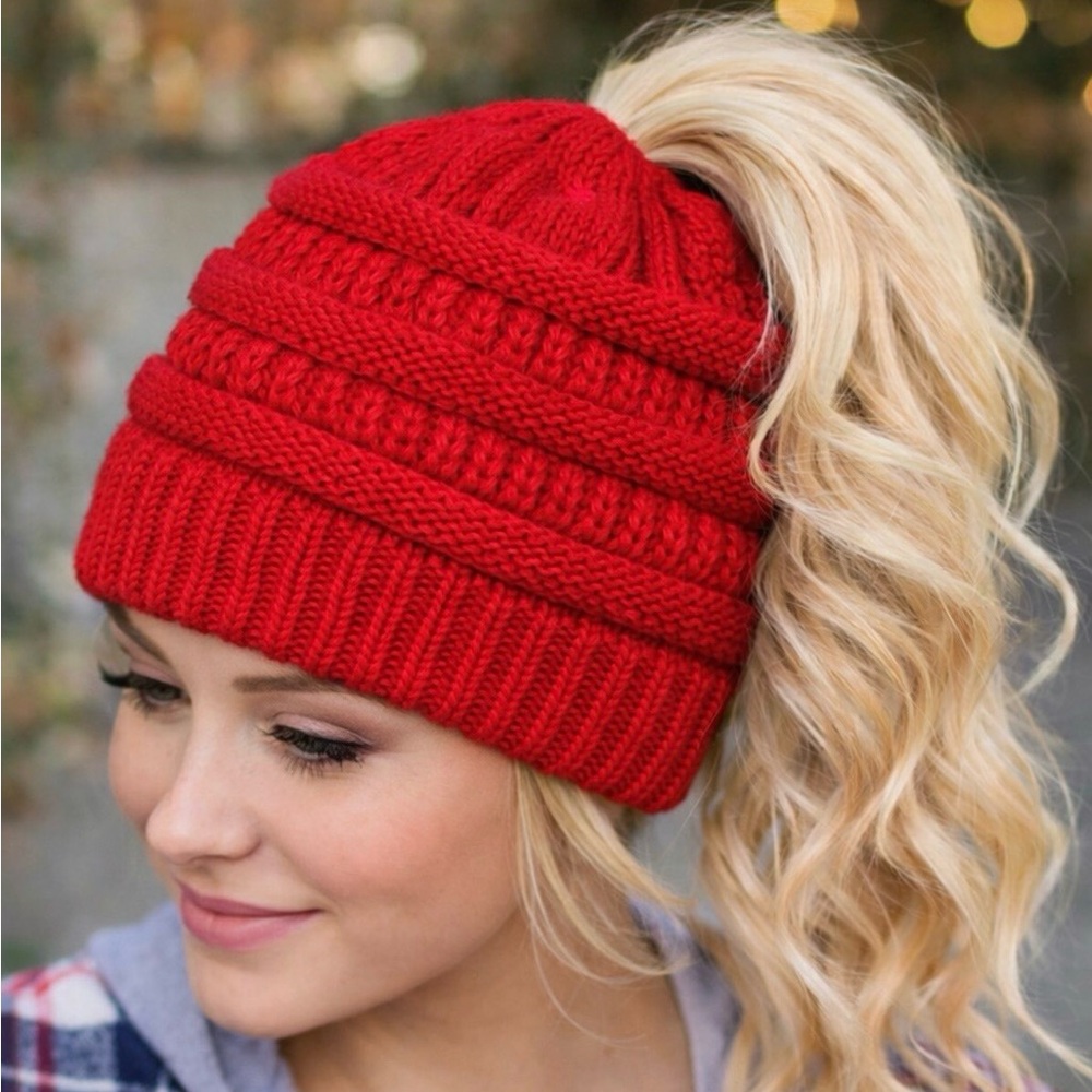 Red Knit Ponytail Beanie